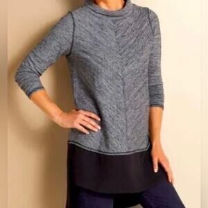 Soft Surroundings York Pullover Knit Layered Mock Neck Gray Black Tunic Sweater